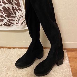 Over the Knee Black Suede Boots with Block Heel